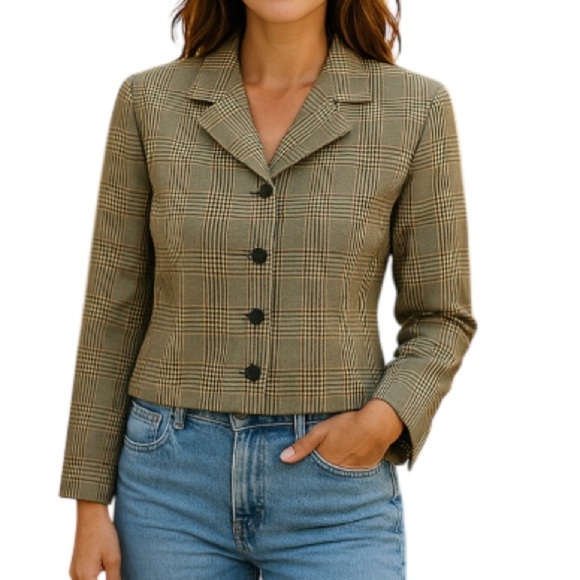 VINTAGE 90s Silk Wool Tan Mix Houndstooth Plaid Structured Boxy Crop Blazer 10P - Picture 1 of 10